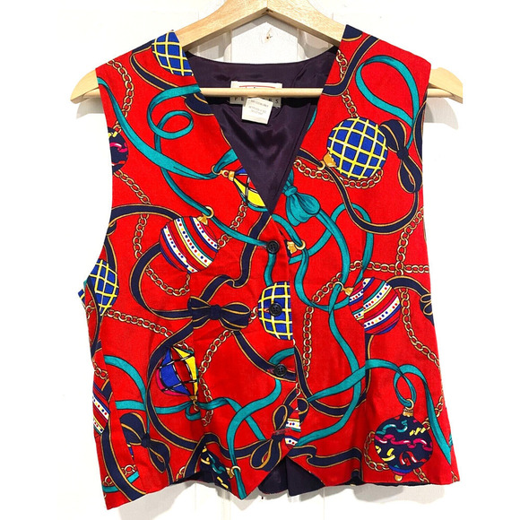 TALBOTS Petite Button Up Christmas Holiday Vest with ornaments design Medium - Picture 1 of 5